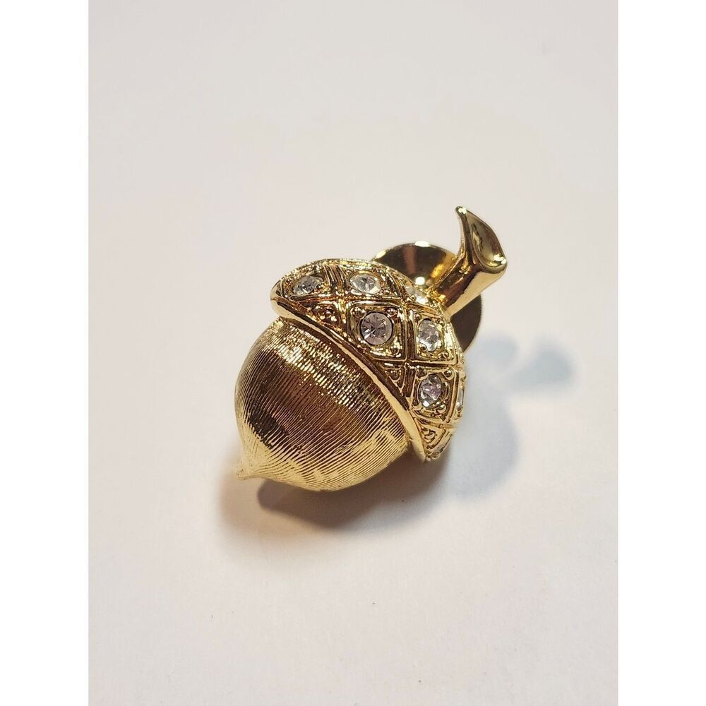 Vintage 1” Gold Tone AVON Acorn With Clear Rhinestones Pin Brooch